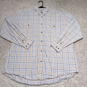 Roper Western Mens Tan White Blue Button Up Plaid Shirt Size XXL Rodeo Cowboy